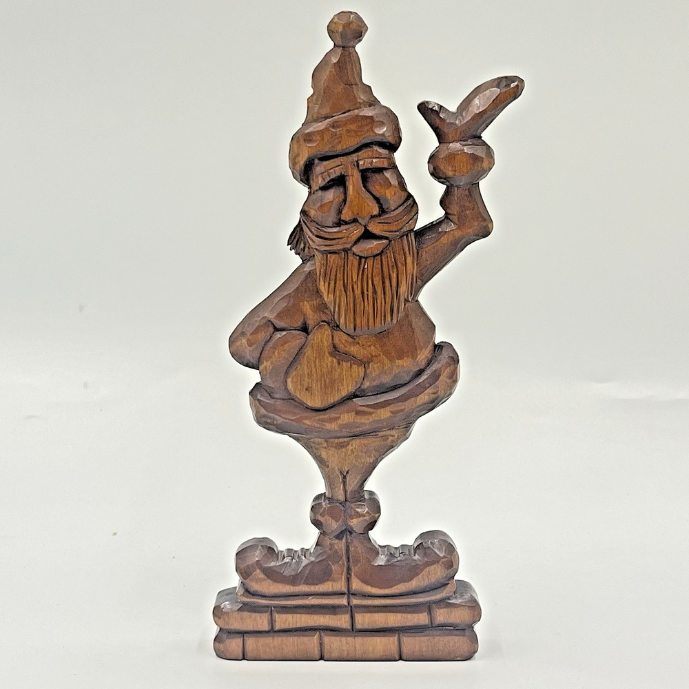 Hand Carved Wooden Waving Santa‎ Folk Art